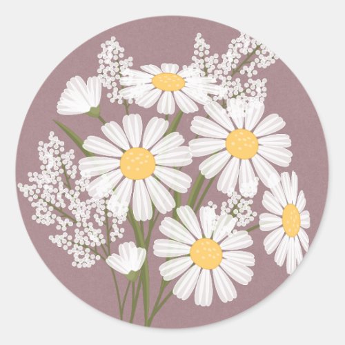 Elegant Floral White Daisies on Pink Wedding Classic Round Sticker