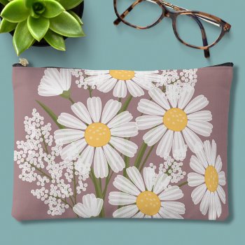 Elegant Floral White Daisies On Rosy Brown Accessory Pouch by Chibibi at Zazzle
