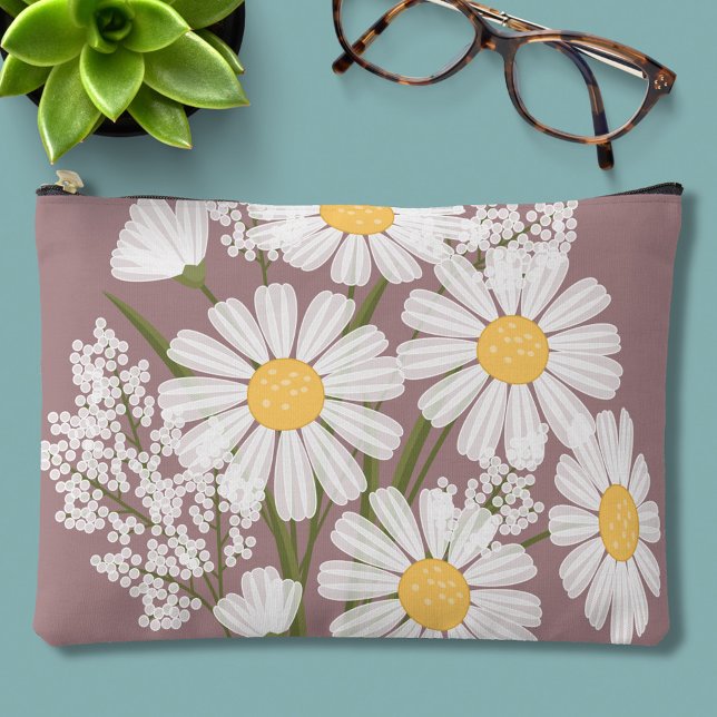 Elegant Floral White Daisies on Rosy Brown Accessory Pouch (Creator Uploaded)