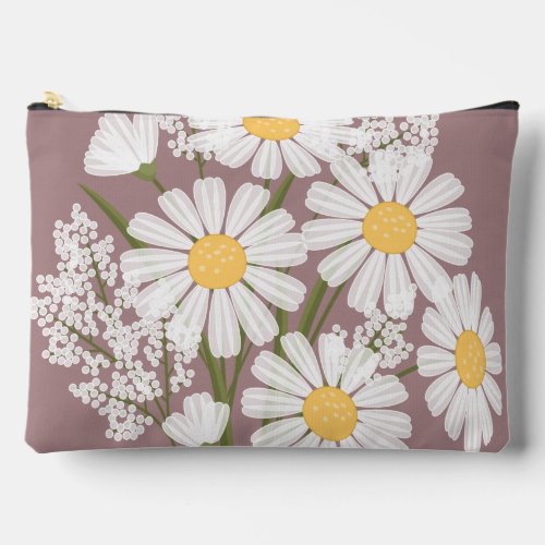 Elegant Floral White Daisies on Rosy Brown Accessory Pouch