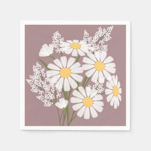 Elegant Floral White Daisies on Rosy Brown Napkins