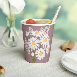 Elegant Floral White Daisies on Rosy Brown Paper Cups