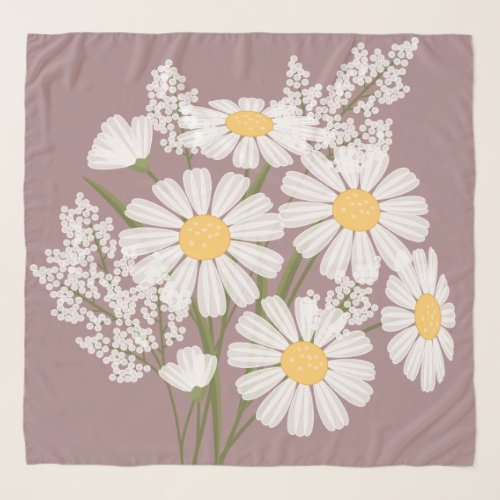 Elegant Floral White Daisies on Rosy Brown Scarf