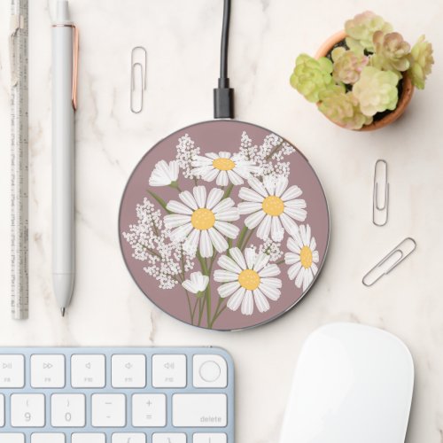 Elegant Floral White Daisies on Rosy Brown Wireless Charger