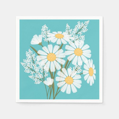 Elegant Floral White Daisies on Teal Napkins