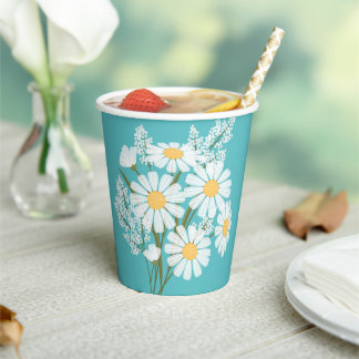 Elegant Floral White Daisies on Teal Paper Cups
