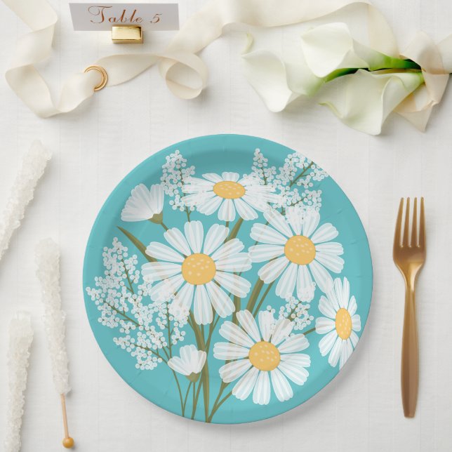 Elegant Floral White Daisies on Teal Paper Plates (Wedding)