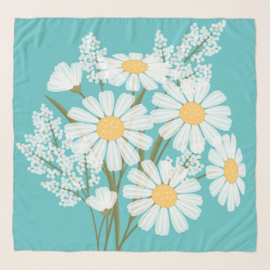 Elegant Floral White Daisies on Teal Scarf