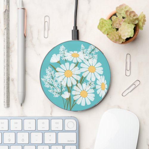 Elegant Floral White Daisies on Teal Wireless Charger