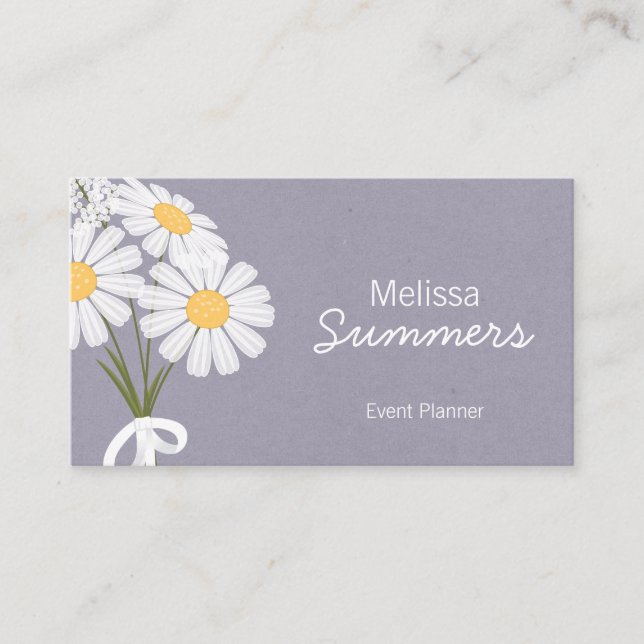 Elegant Floral White Daisies Rustic Business Card (Front)