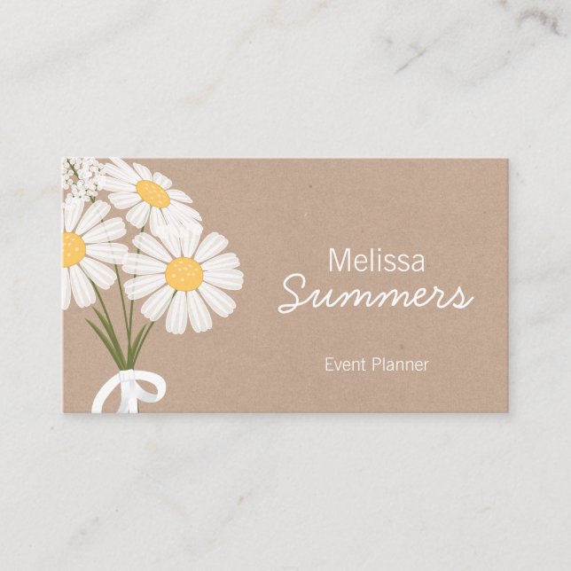 Elegant Floral White Daisies Rustic Business Card (Front)