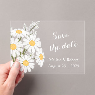Elegant Floral White Daisies Save the Date Acrylic Invitations