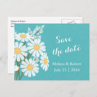 Elegant Floral White Daisies Teal Save the Date Announcement Postcard