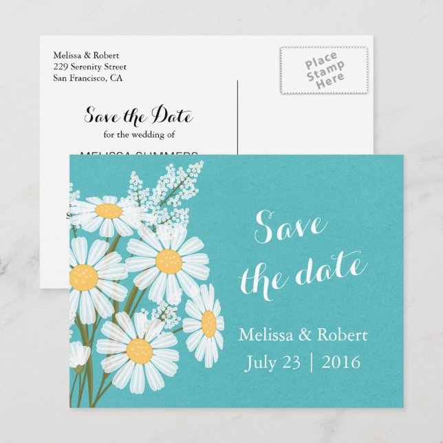 Elegant Floral White Daisies Teal Save the Date Announcement Postcard (Front/Back)