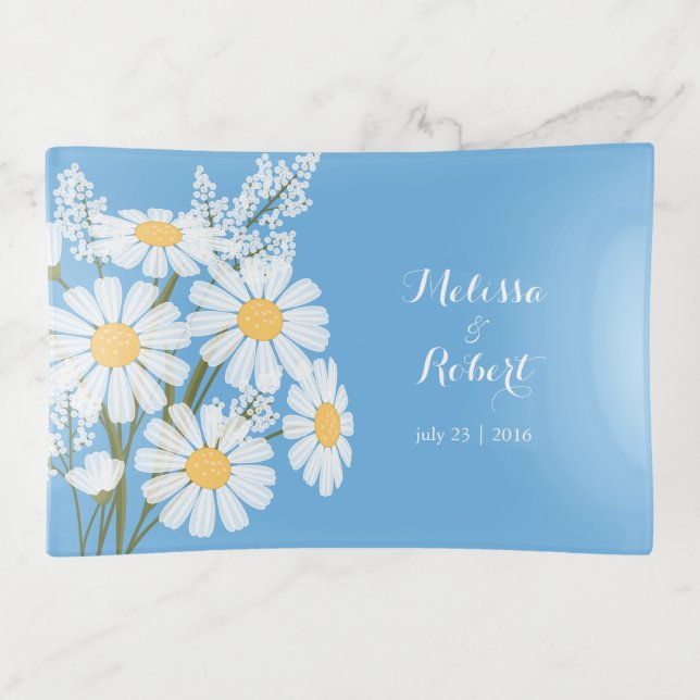 Elegant Floral White Daisies Wedding Blue Trinket Tray (Front)