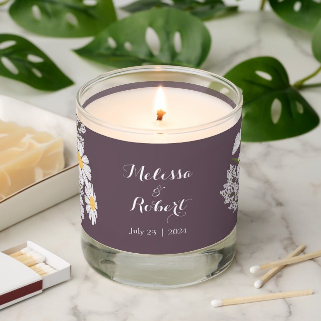 Elegant Floral White Daisies Wedding Dark Purple Scented Candle (Lit)