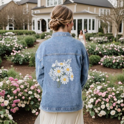 Elegant Floral White Daisies Wedding Denim Jacket