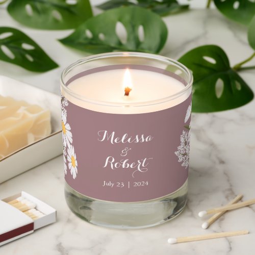 Elegant Floral White Daisies Wedding Rosy Brown  Scented Candle