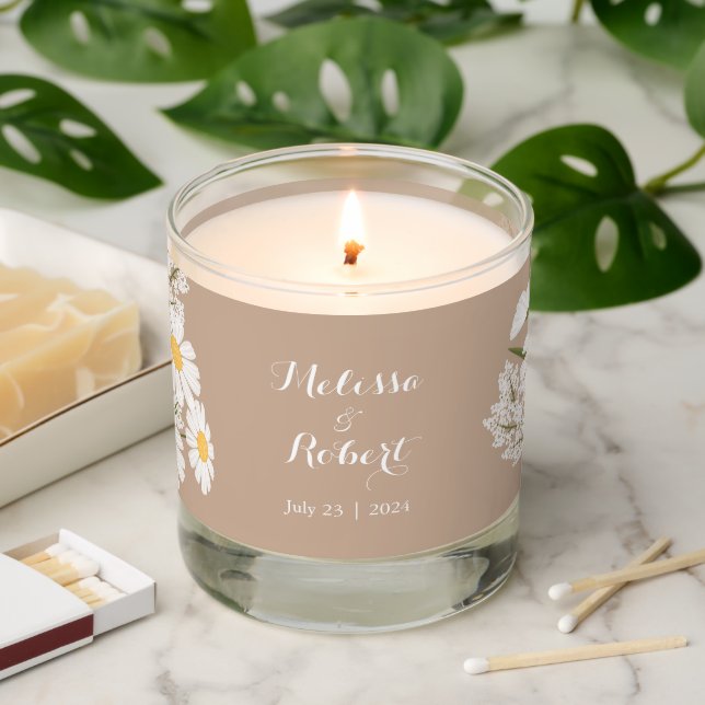 Elegant Floral White Daisies Wedding Rustic Beige Scented Candle (Lit)