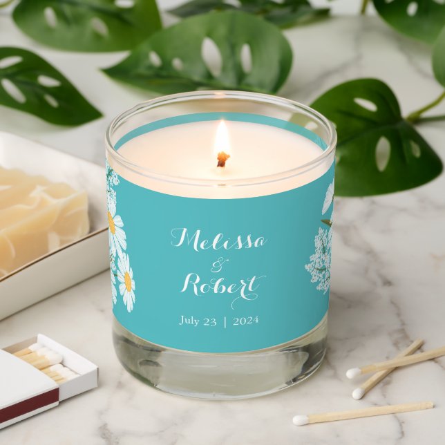 Elegant Floral White Daisies Wedding Teal Scented Candle (Lit)