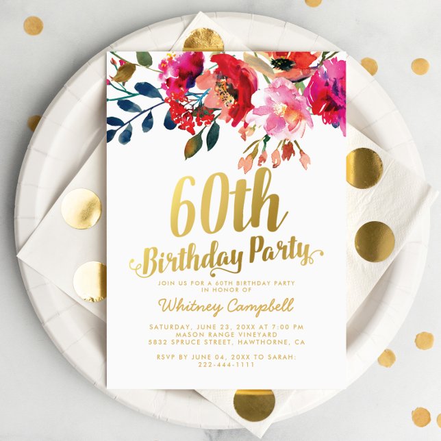 Elegant Floral White Gold 60th Birthday Party Invitation