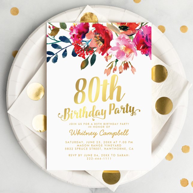 Elegant Floral White Gold 80th Birthday Party Invitation
