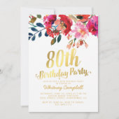 Elegant Floral White Gold 80th Birthday Party Invitation (Front)