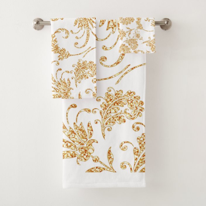Elegant Floral White Gold Bath Towel Set