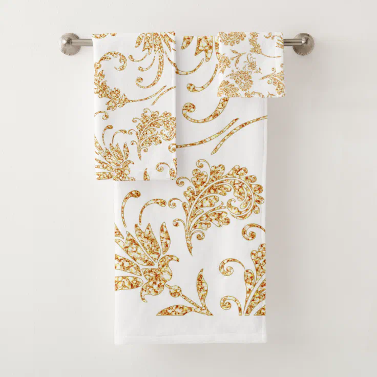 Elegant Floral White Gold Bath Towel Set Zazzle