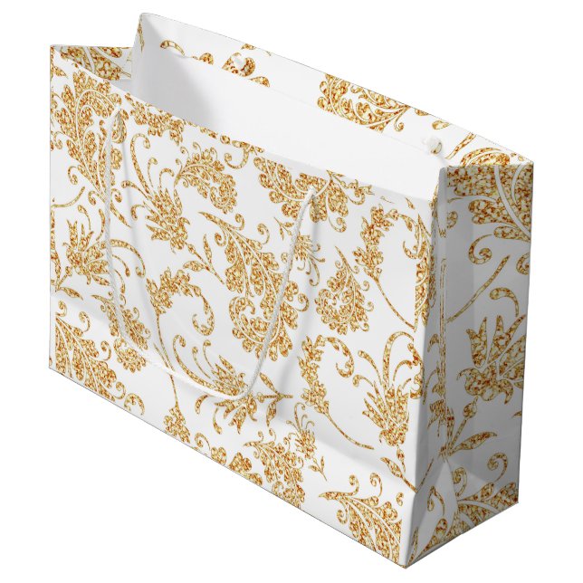 Elegant Floral White Gold Large Gift Bag (Front Angled)