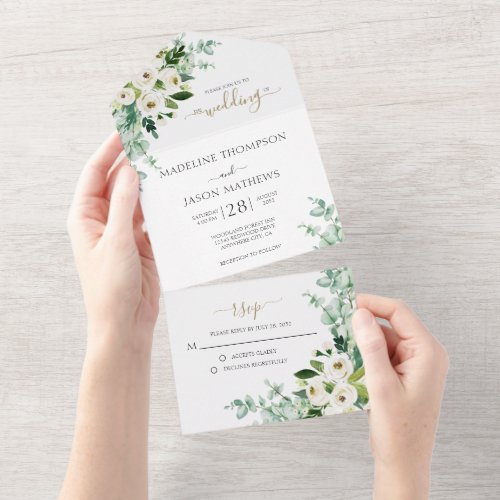 Elegant Floral White Gold Rose Watercolor Wedding  All In One Invitation