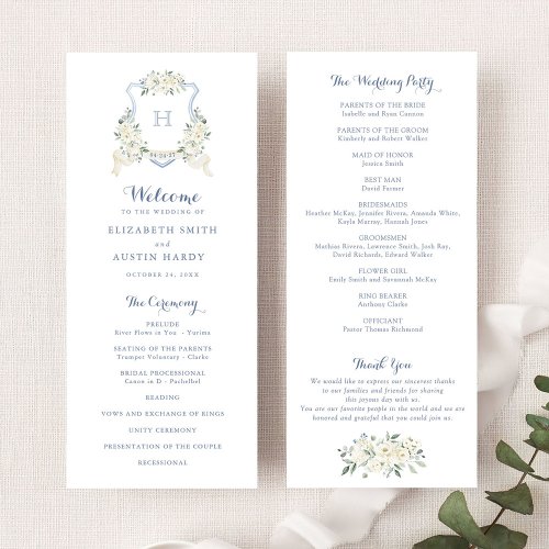 Elegant Floral White Greenery Crest Blue Wedding Program