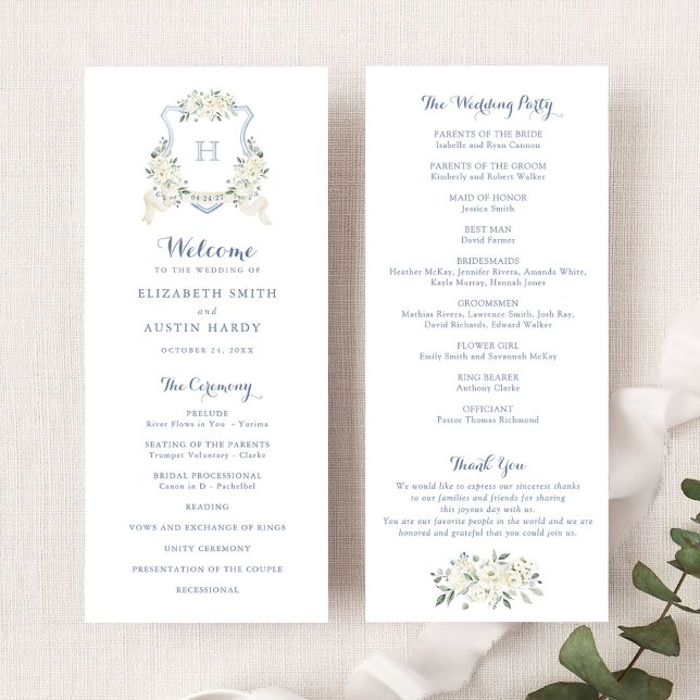 Elegant Floral White Greenery Crest Blue Wedding Program (Creator Uploaded)