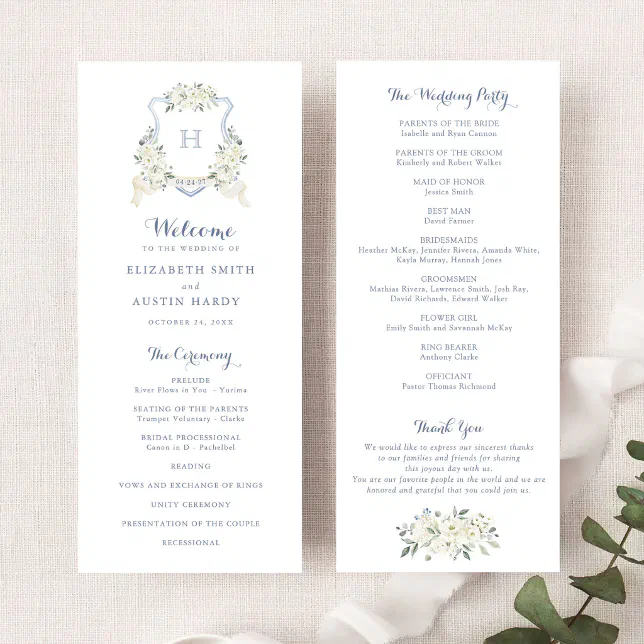 Elegant Floral White Greenery Crest Blue Wedding Program | Zazzle