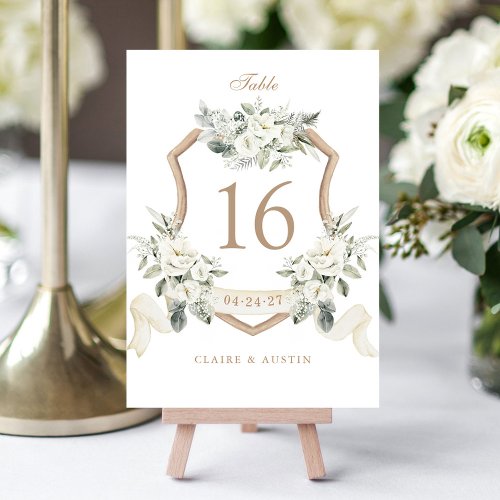 Elegant Floral White Greenery Crest Table Number