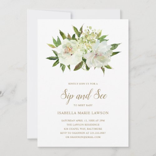 Elegant Floral White Ivory Gold Girl Sip and See Invitation