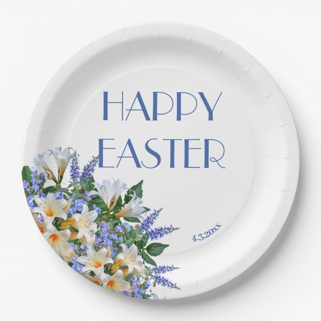 Elegant Floral White Lilies Blue 'Happy Easter' Paper Plates (Front)
