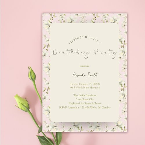 Elegant Floral White Magnolia Birthday Party Invitation