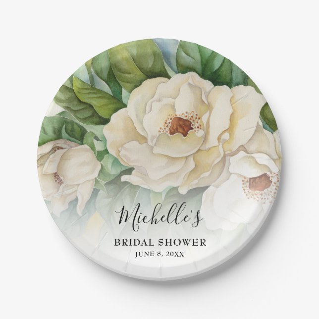 Elegant Floral White Magnolia Bridal Shower Name Paper Plates (Front)