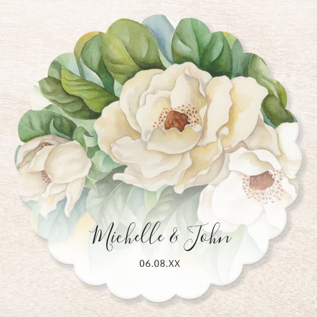Elegant Floral White Magnolia Names Script Wedding Paper Coaster (Front)