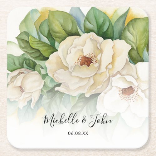 Elegant Floral White Magnolia Script Names Wedding Square Paper Coaster