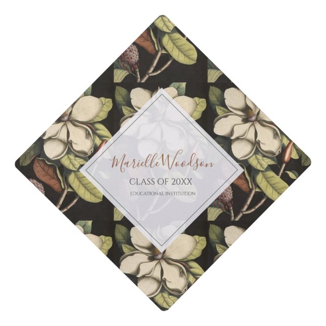 Elegant Floral White Magnolias Grad Cap Topper (Front)
