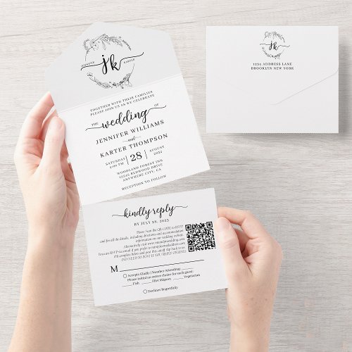 Elegant Floral White Monogram QR Code Wedding All In One Invitation
