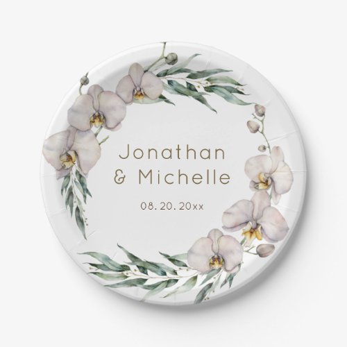 Elegant Floral White Orchids Personalized Wedding Paper Plates