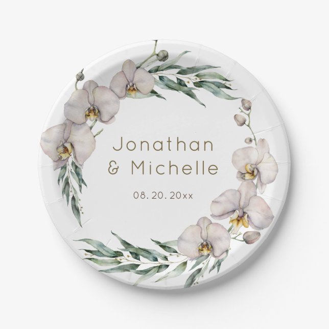 Elegant Floral White Orchids Personalized Wedding Paper Plates (Front)