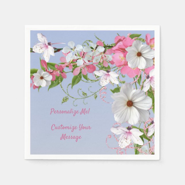 Elegant Floral White Pink Flowers Personalized Napkins (Front)