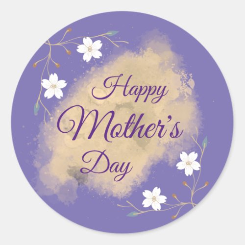 Elegant floral white purple happy mothers day classic round sticker