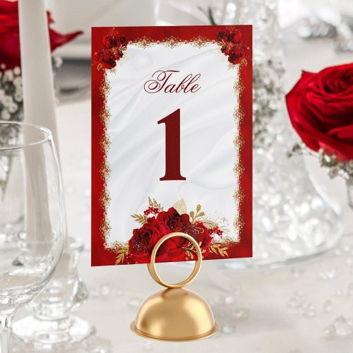 Elegant Floral White Red Roses Wedding Table Number