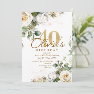 Elegant Floral White Roses & Gold 40th Birthday Invitation