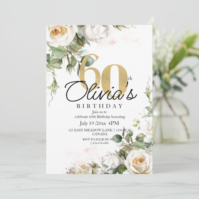 Elegant Floral White Roses Gold 60th Birthday Invitation (Standing Front)